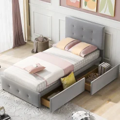 Lit adulte lit 90x200 cm lit rembourré lit 2 tiroirs lit sommier à lattes Single tissu en velours gris