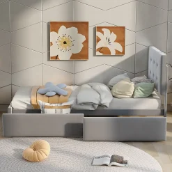 Lit adulte lit 90x200 cm lit rembourré lit 2 tiroirs lit sommier à lattes Single tissu en velours gris