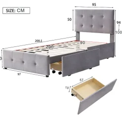 Lit adulte lit 90x200 cm lit rembourré lit 2 tiroirs lit sommier à lattes Single tissu en velours gris