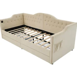 Lit adulte lit 90x200 cm lit rembourré avec 2 tiroirs Single velours beige