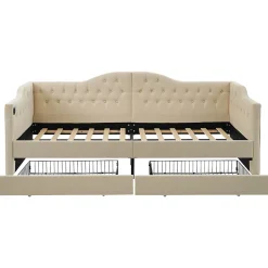 Lit adulte lit 90x200 cm lit rembourré avec 2 tiroirs Single velours beige