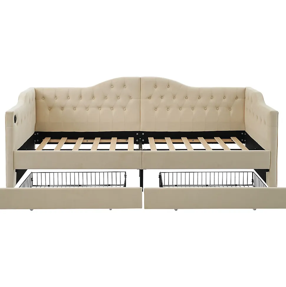 Lit adulte lit 90x200 cm lit rembourré avec 2 tiroirs Single velours beige