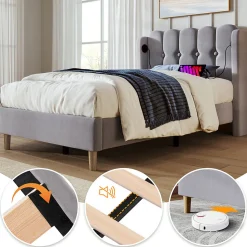 Lit adulte lit 90x200 cm lit rembourré avec fonction de charge usb type c Single lin gris