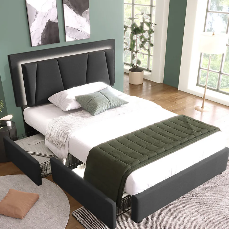 Lit adulte lit 90x200 cm lit rembourré lit eclairage led lit 2 tiroirs lit sommier à lattes en bois Single lin gris