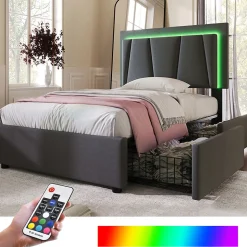 Lit adulte lit 90x200 cm lit rembourré lit eclairage led lit 2 tiroirs lit sommier à lattes en bois Single lin gris