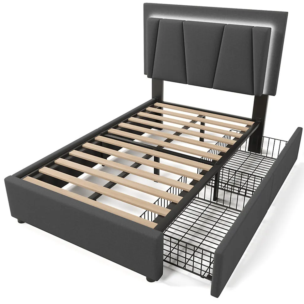 Lit adulte lit 90x200 cm lit rembourré lit eclairage led lit 2 tiroirs lit sommier à lattes en bois Single lin gris