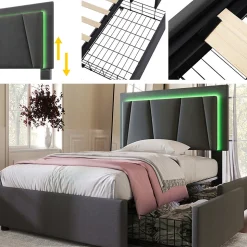 Lit adulte lit 90x200 cm lit rembourré lit eclairage led lit 2 tiroirs lit sommier à lattes en bois Single lin gris