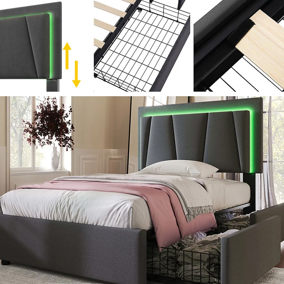 Lit adulte lit 90x200 cm lit rembourré lit eclairage led lit 2 tiroirs lit sommier à lattes en bois Single lin gris