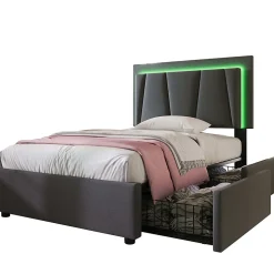 Lit adulte lit 90x200 cm lit rembourré lit eclairage led lit 2 tiroirs lit sommier à lattes en bois Single lin gris