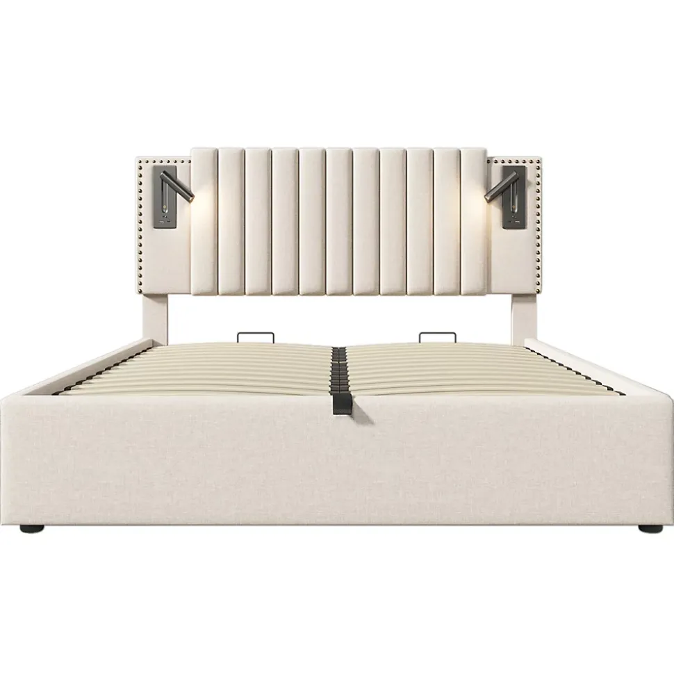 Lit adulte lit 180x200 cm lit rembourré lit de rangement avec sommier à lattes lit double coton beige