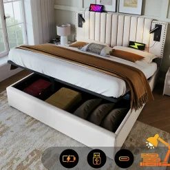 Lit adulte lit 180x200 cm lit rembourré lit de rangement avec sommier à lattes lit double coton beige