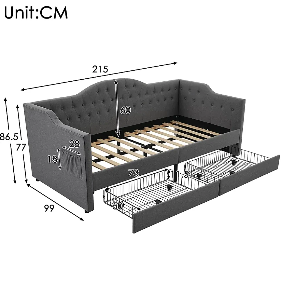 Lit adulte lit 90x200 cm lit rembourré avec 2 tiroirs Single lin gris