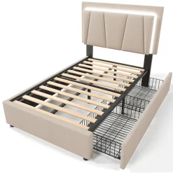 Lit adulte lit 90x200 cm lit rembourré lit eclairage led lit 2 tiroirs lit sommier à lattes en bois Single lin beige