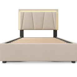 Lit adulte lit 90x200 cm lit rembourré lit eclairage led lit 2 tiroirs lit sommier à lattes en bois Single lin beige