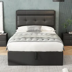 Lit adulte lit 90x200 cm lit rembourré hydraulique Single avec sommier à lattes pu noir