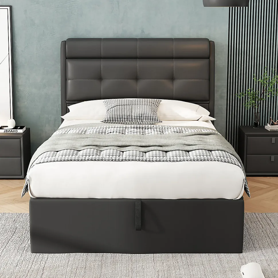 Lit adulte lit 90x200 cm lit rembourré hydraulique Single avec sommier à lattes pu noir