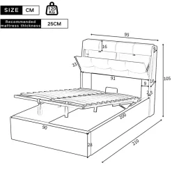 Lit adulte lit 90x200 cm lit rembourré hydraulique Single avec sommier à lattes pu noir