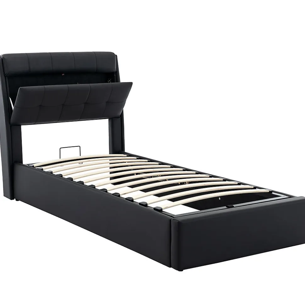 Lit adulte lit 90x200 cm lit rembourré hydraulique Single avec sommier à lattes pu noir