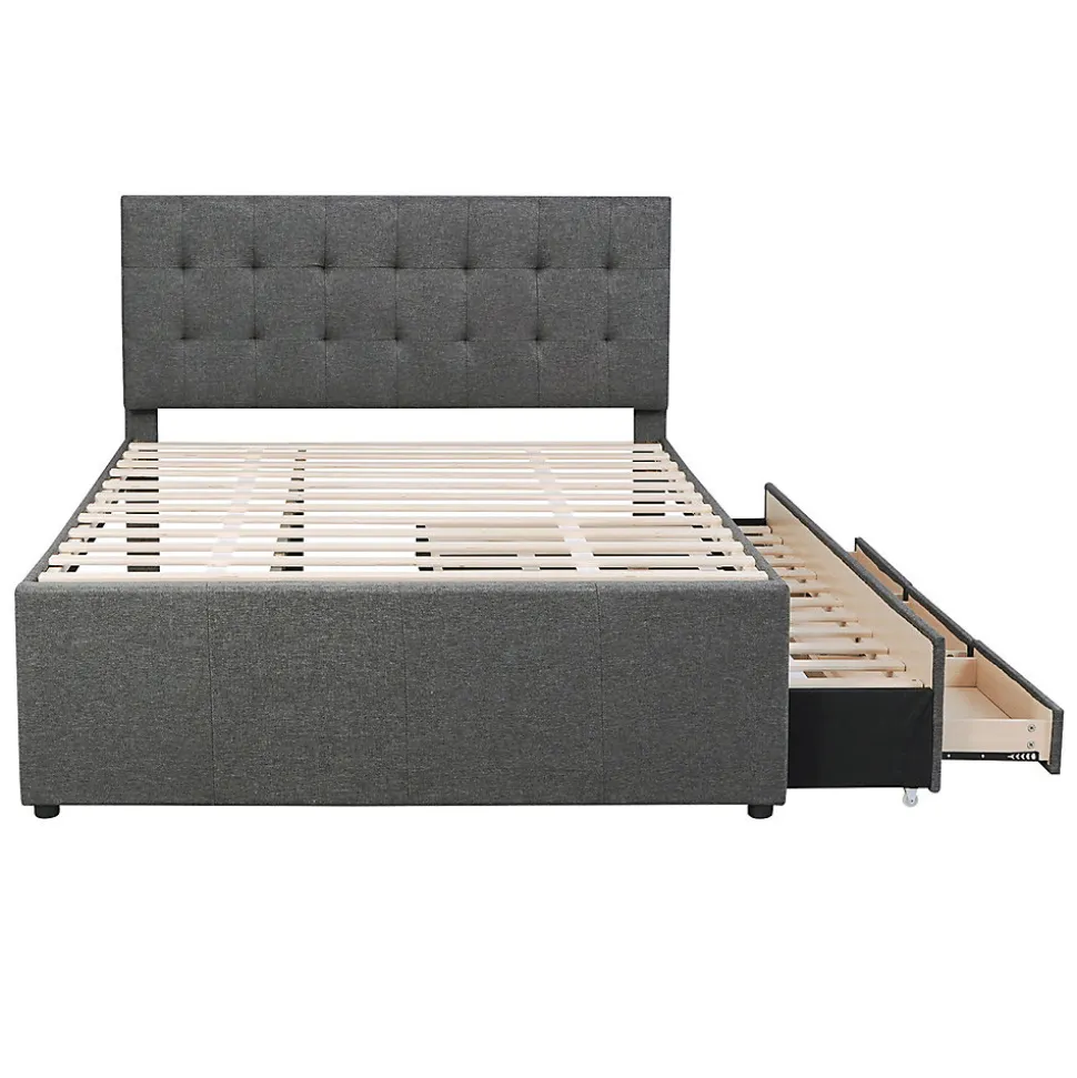 Lit adulte lit 140x200 cm lit rembourré avec trois tiroirs lit double lin gris