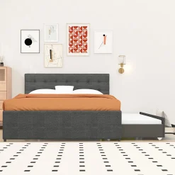 Lit adulte lit 140x200 cm lit rembourré avec trois tiroirs lit double lin gris