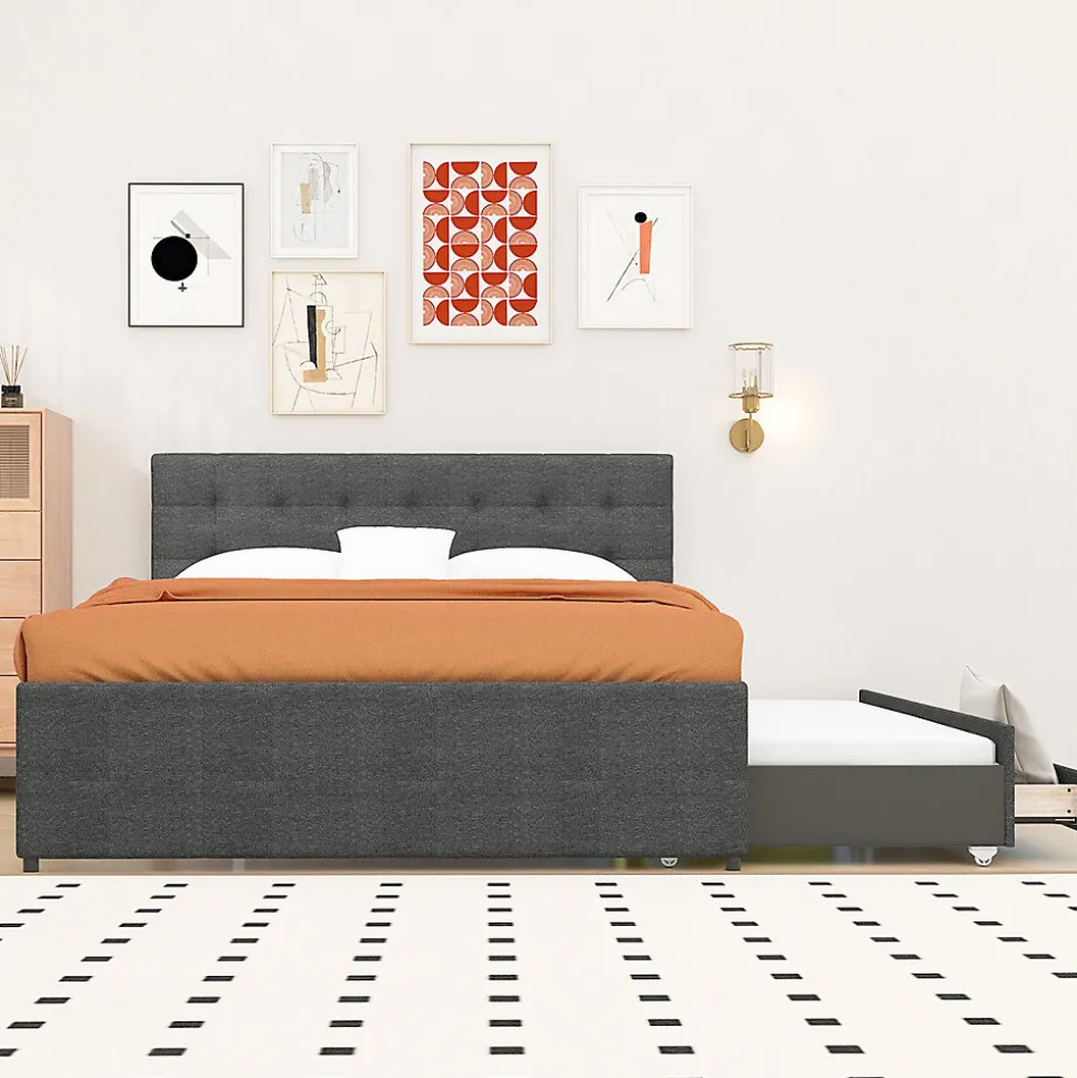 Lit adulte lit 140x200 cm lit rembourré avec trois tiroirs lit double lin gris