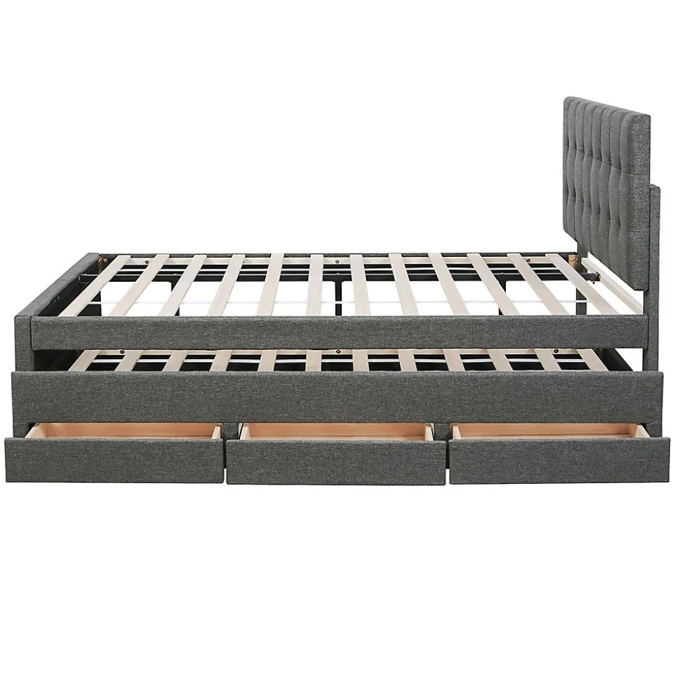 Lit adulte lit 140x200 cm lit rembourré avec trois tiroirs lit double lin gris