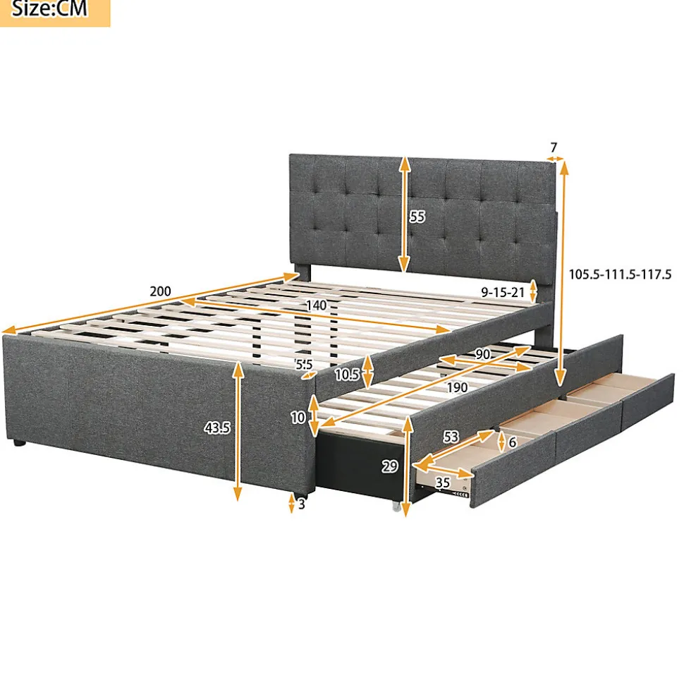 Lit adulte lit 140x200 cm lit rembourré avec trois tiroirs lit double lin gris