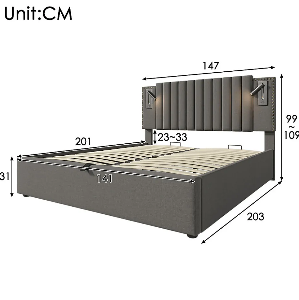 Lit adulte lit 140x200 cm lit rembourré lit de rangement avec sommier à lattes lit double coton gris