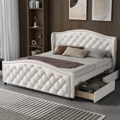 Lit adulte lit 140x200 cm lit rembourré avec sommier à lattes lit 2 tiroirs lit double pu blanc