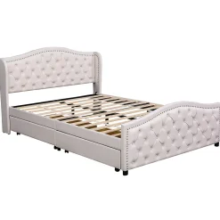 Lit adulte lit 140x200 cm lit rembourré avec sommier à lattes lit 2 tiroirs lit double pu blanc