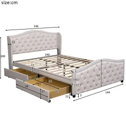 Lit adulte lit 140x200 cm lit rembourré avec sommier à lattes lit 2 tiroirs lit double pu blanc