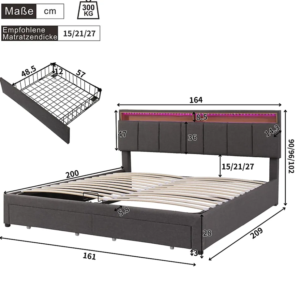 Lit adulte lit 160x200 cm lit rembourré hydraulique lit de rangement avec éclairage led lit double lin gris