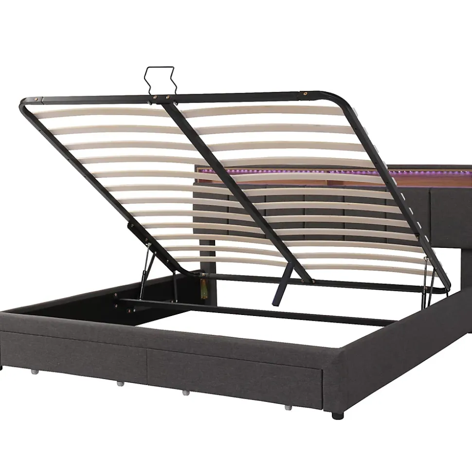 Lit adulte lit 160x200 cm lit rembourré hydraulique lit de rangement avec éclairage led lit double lin gris