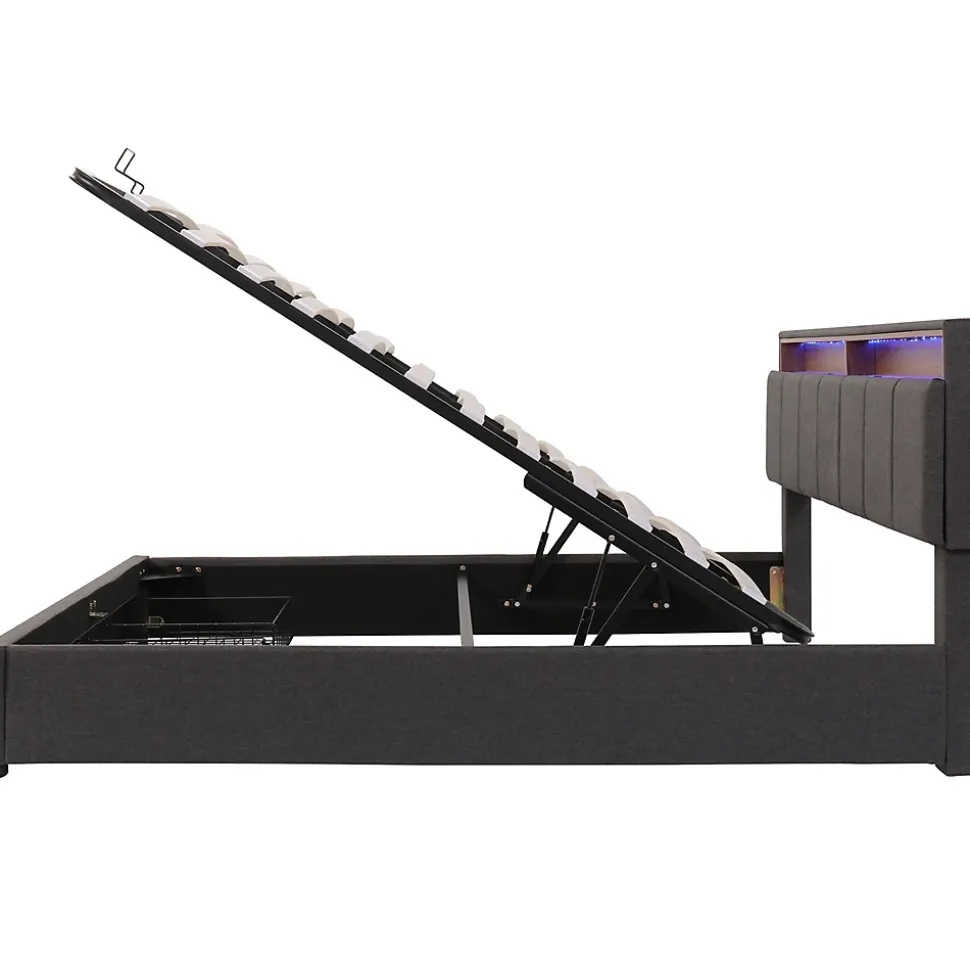 Lit adulte lit 160x200 cm lit rembourré hydraulique lit de rangement avec éclairage led lit double lin gris