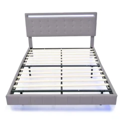 Lit adulte lit 140x200 cm lit rembourré avec lampes led lit double lin gris