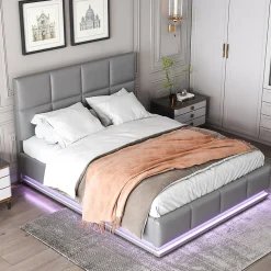 Lit adulte lit 140x200 cm lit rembourré hydraulique avec éclairage led lit double cuir synthétique gris foncé