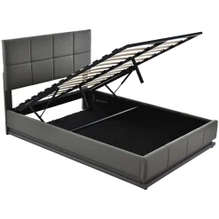 Lit adulte lit 140x200 cm lit rembourré hydraulique avec éclairage led lit double cuir synthétique gris foncé