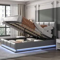 Lit adulte lit 140x200 cm lit rembourré hydraulique avec éclairage led lit double cuir synthétique gris foncé