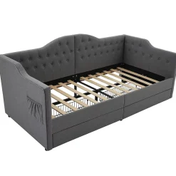 Lit adulte lit 90x190 cm lit rembourré avec 2 tiroirs Single lin gris