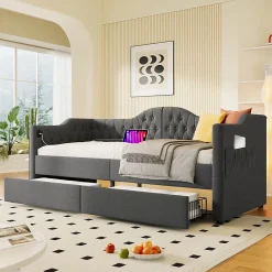 Lit adulte lit 90x190 cm lit rembourré avec 2 tiroirs Single lin gris