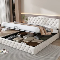 Lit adulte lit 180x200 cm lit rembourré hydraulique lit sommier à lattes lit de rangement lit double pu blanc