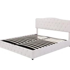 Lit adulte lit 180x200 cm lit rembourré hydraulique lit sommier à lattes lit de rangement lit double pu blanc