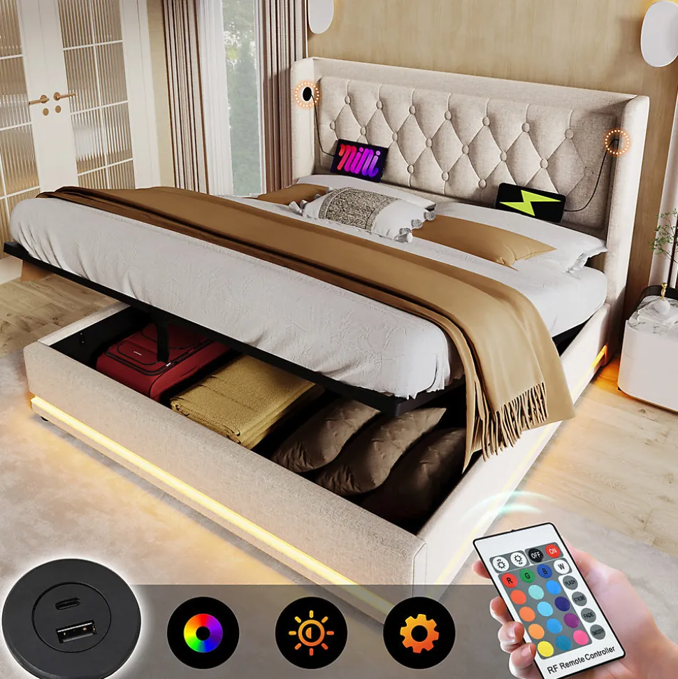 Lit adulte lit 160x200 cm lit rembourré hydraulique lit de rangement lit double coton beige