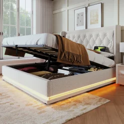 Lit adulte lit 160x200 cm lit rembourré hydraulique lit de rangement lit double coton beige