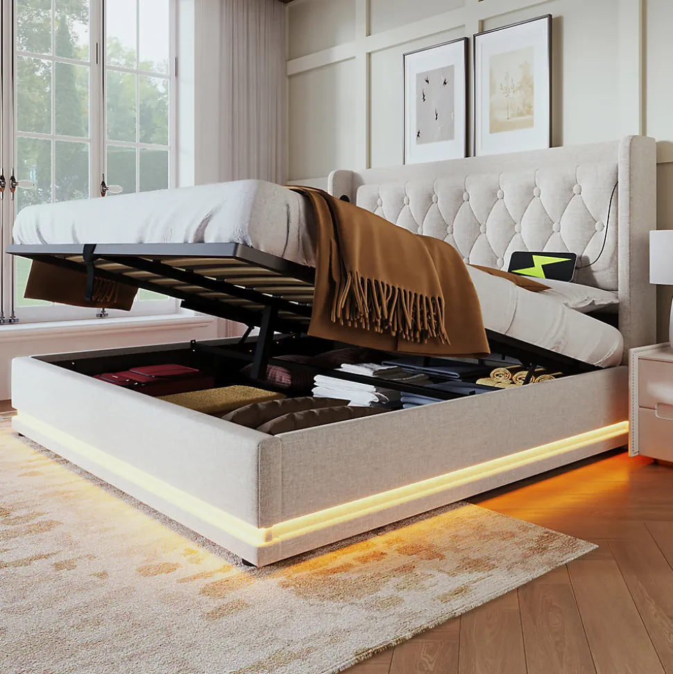 Lit adulte lit 160x200 cm lit rembourré hydraulique lit de rangement lit double coton beige