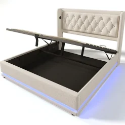 Lit adulte lit 160x200 cm lit rembourré hydraulique lit de rangement lit double coton beige