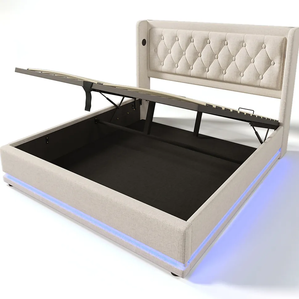 Lit adulte lit 160x200 cm lit rembourré hydraulique lit de rangement lit double coton beige