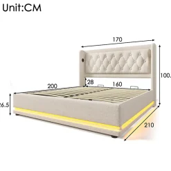 Lit adulte lit 160x200 cm lit rembourré hydraulique lit de rangement lit double coton beige
