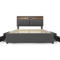 Lit adulte lit 140x200 cm lit rembourré avec quatre tiroirs avec sommier à lattes en bois lit double lin gris