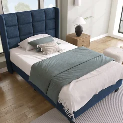 Lit adulte lit 90x200 cm lit rembourré lit sommier à lattes Single lin bleu